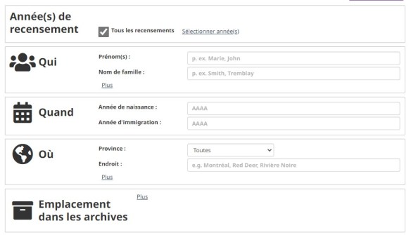 Interface de la première version de Recherche dans les recensements. Les options permettent seulement de chercher par année de recensement, nom, année de naissance ou d’immigration, lieu, ou emplacement dans les archives.
