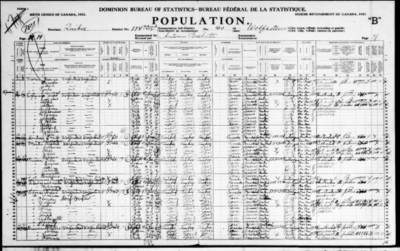 Feuille de recensement du recensement de 1921. Cette image particulière figure à la page 19 pour le sous-district de Wolfestown (canton) dans le district de Richmond-Wolfe, au Québec.