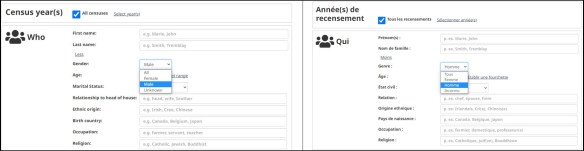 Interface de Recherche dans les recensements en anglais affichant le menu déroulant des sexes avec les valeurs « Female », « Male » et « Unknown », à côté de l’interface de Recherche dans les recensements en français affichant le même menu déroulant des sexes avec les valeurs « Femme », « Homme » et « Inconnu ».