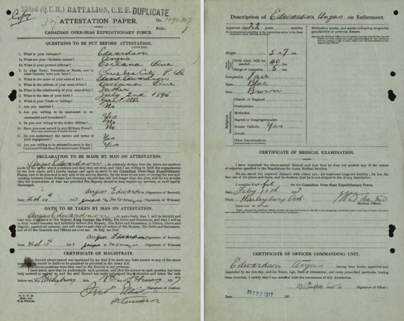 Feuilles d’engagement d’Angus Edwardson, sur deux pages.