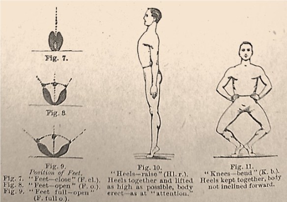 Trois images montrant chacune deux pieds dont les talons sont joints, avec les bouts des pieds qui s’éloignent graduellement pour former un V. Un dessin d’un homme montre le soulèvement des talons, et un autre, la flexion des jambes.