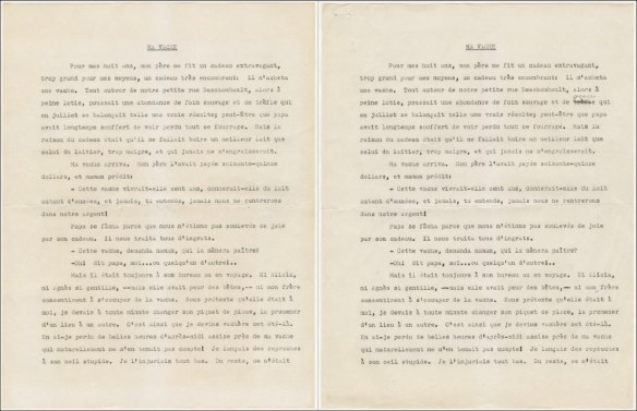 La première page de deux tapuscrits de Ma vache Bossie, qui sont des copies carbone l’une de l’autre. Celui de droite, que Gabrielle Roy a conservé, contient une correction faite à la main.