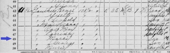 Capture d’écran du recensement de 1931, avec une flèche indiquant où se trouve l’information de Marcel Gauthier.