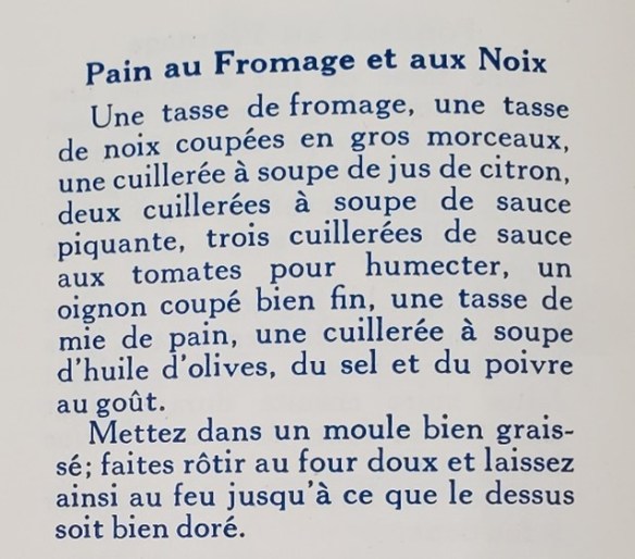 Texte présentant les ingrédients et les étapes de la recette de pain au fromage et aux noix.