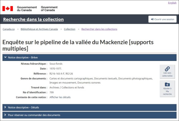 Capture d’écran de la page d’information sur les documents – Recherche dans la collection montrant trois barres horizontales foncées contenant du texte : Notice descriptive – Brève, Notice descriptive – Détails et Pour réserver ou commander des documents.