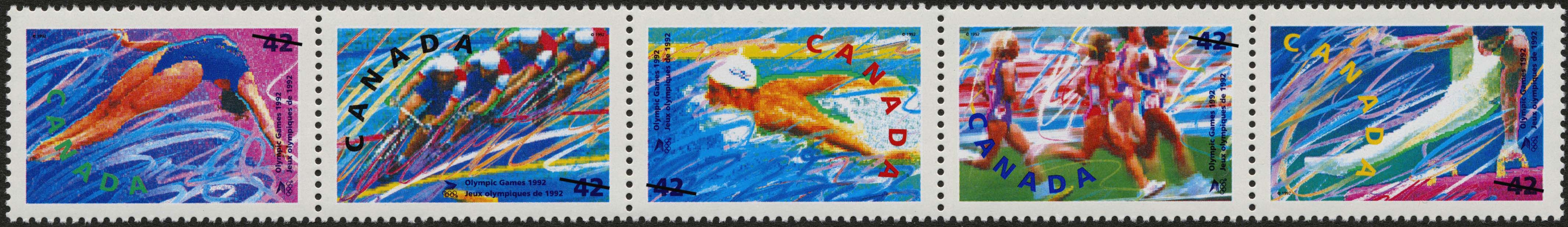 Cinq timbres-poste canadiens représentant différents sports olympiques, comme le plongeon, le cyclisme, la natation, l’athlétisme et la gymnastique.