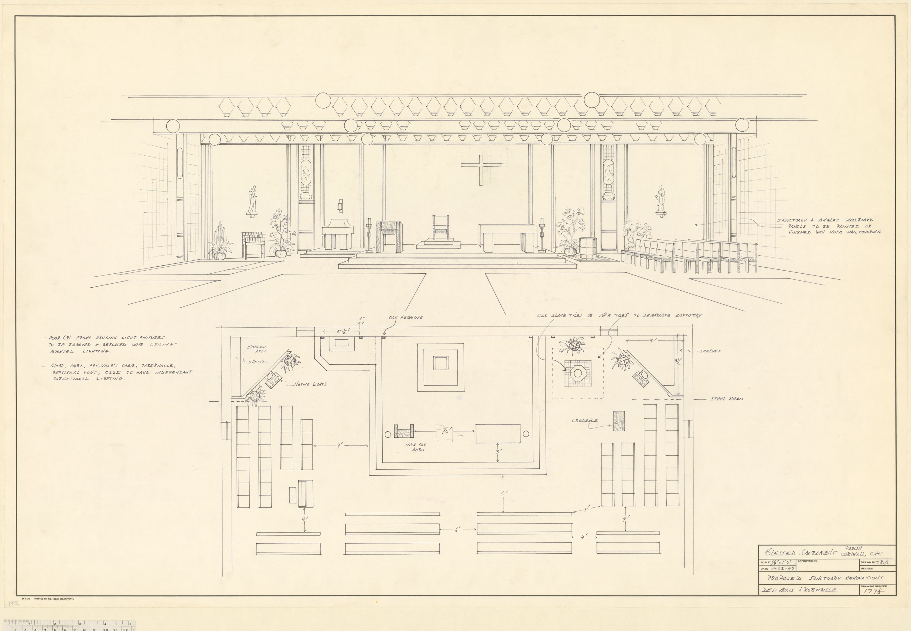 Dessin montrant l’intérieur de l’église de la paroisse Blessed Sacrament, de face et à vol d’oiseau.