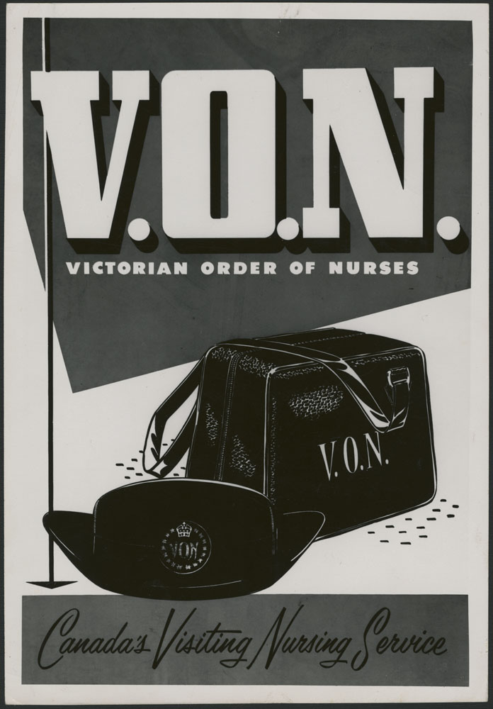 Une affiche promotionnelle en noir et blanc montre un chapeau d’infirmière et un sac de matériel médical.